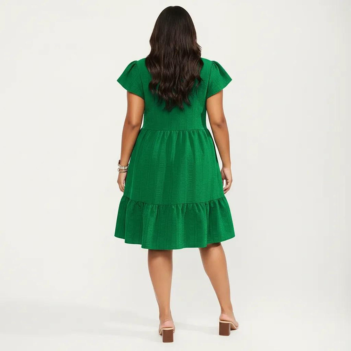 Plus Size Short Sleeve Textured Dress with Crew Neck Tiered Skirt Ruffle Sleeve Detail