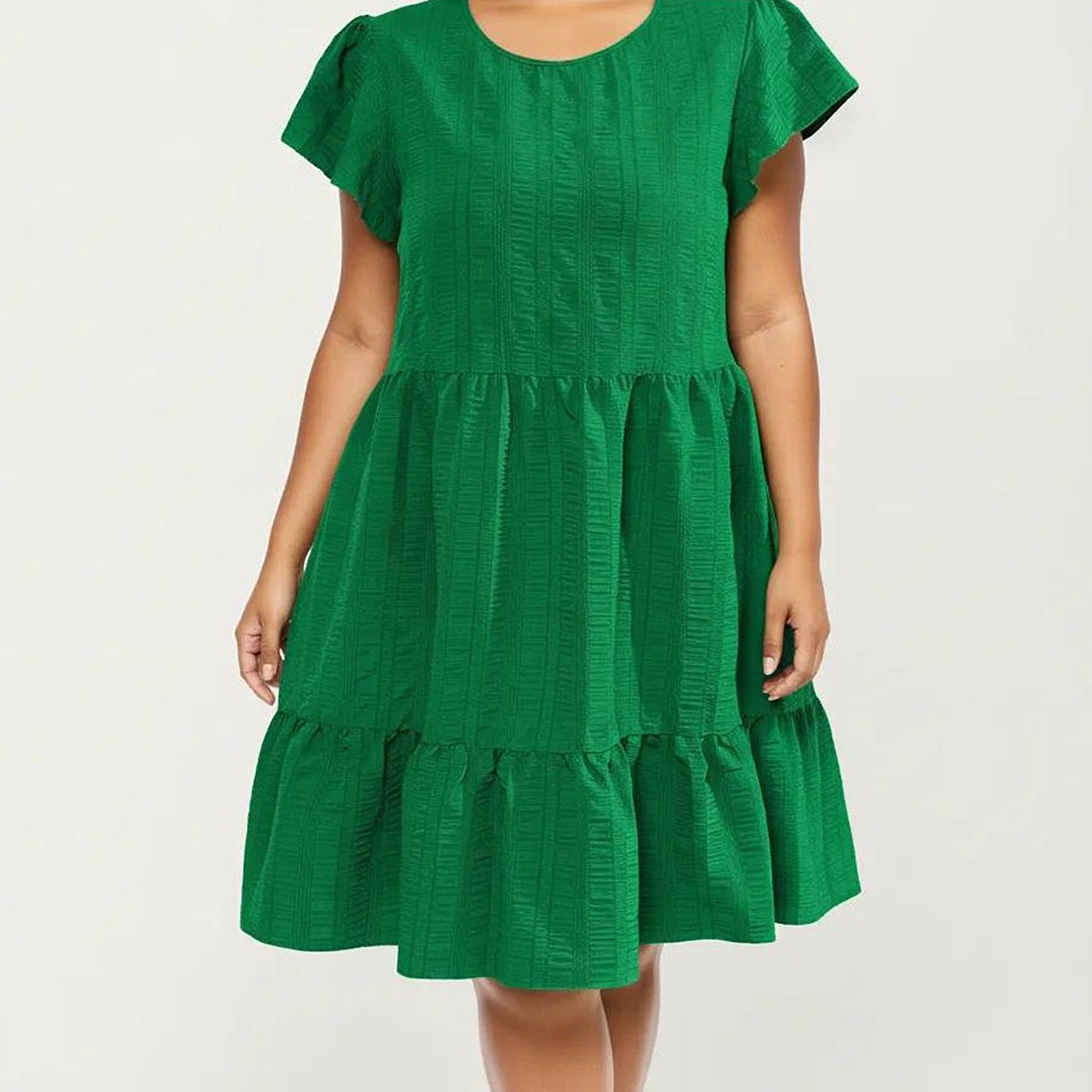 Plus Size Short Sleeve Textured Dress with Crew Neck Tiered Skirt Ruffle Sleeve Detail