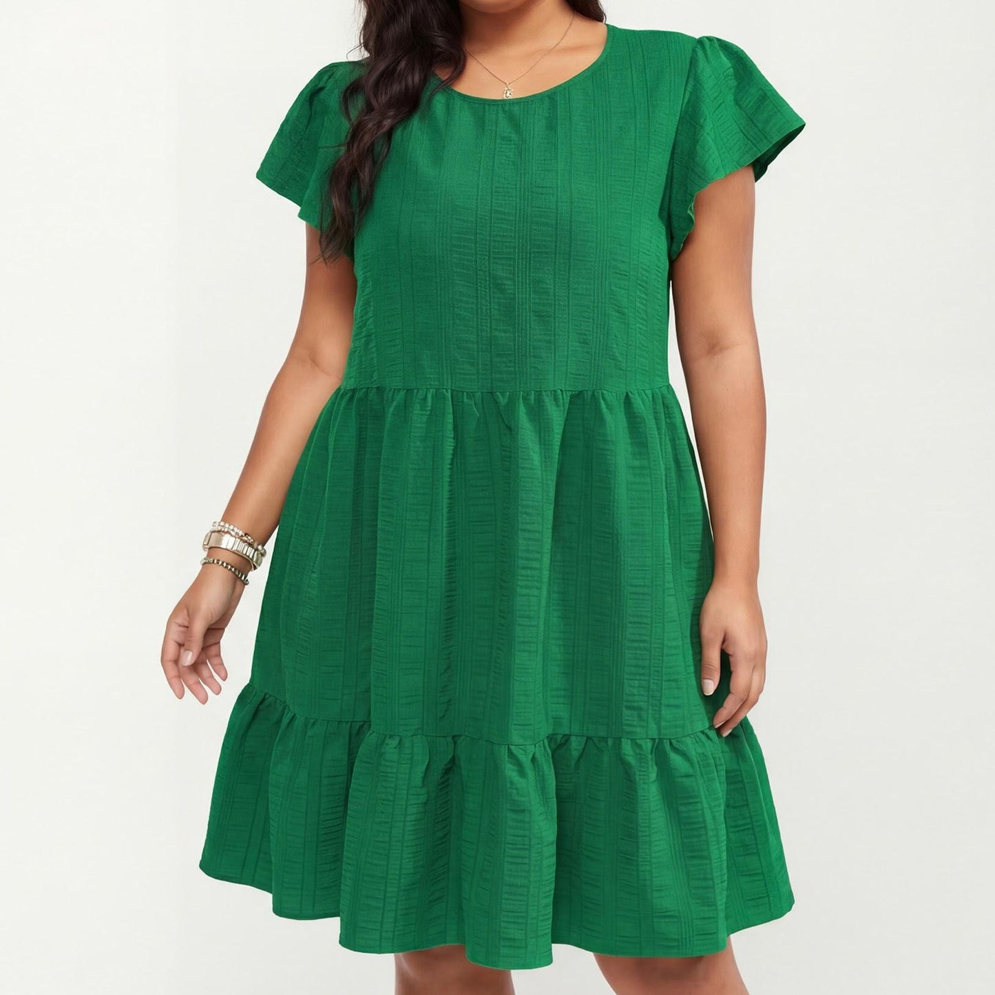 Plus Size Short Sleeve Textured Dress with Crew Neck Tiered Skirt Ruffle Sleeve Detail