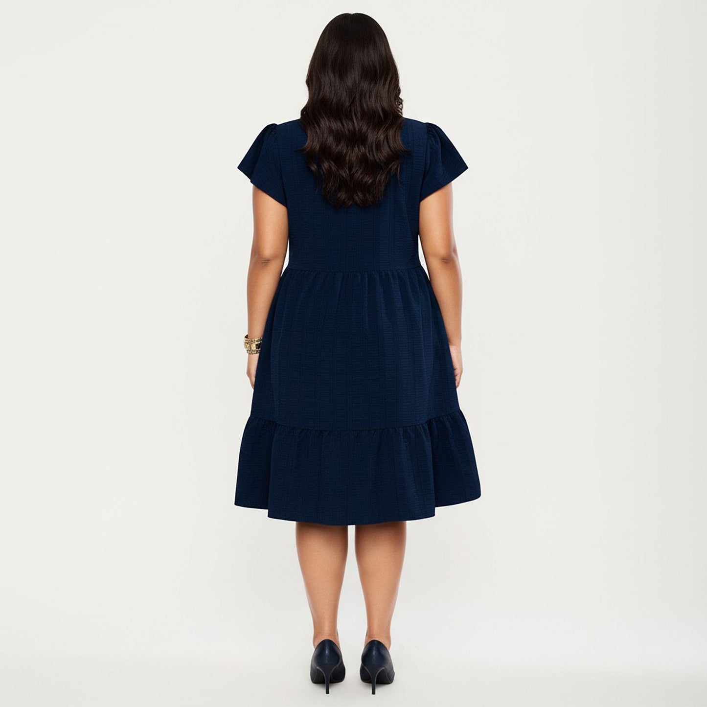 Plus Size Short Sleeve Textured Dress with Crew Neck Tiered Skirt Ruffle Sleeve Detail