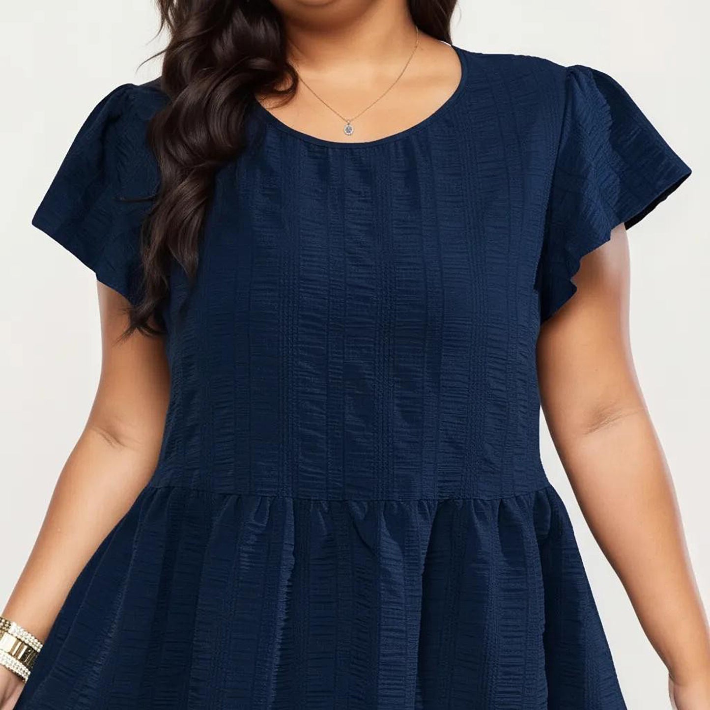 Plus Size Short Sleeve Textured Dress with Crew Neck Tiered Skirt Ruffle Sleeve Detail