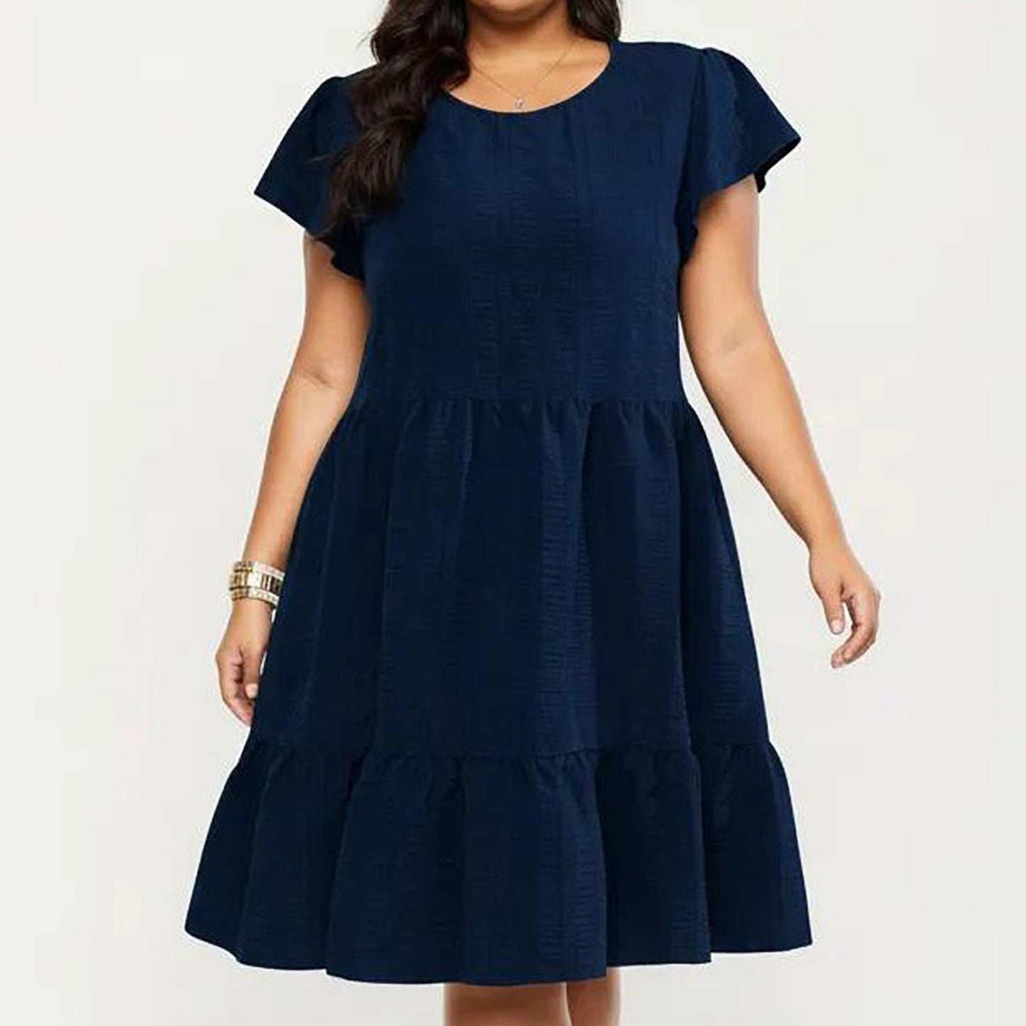Plus Size Short Sleeve Textured Dress with Crew Neck Tiered Skirt Ruffle Sleeve Detail