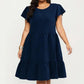 Plus Size Short Sleeve Textured Dress with Crew Neck Tiered Skirt Ruffle Sleeve Detail