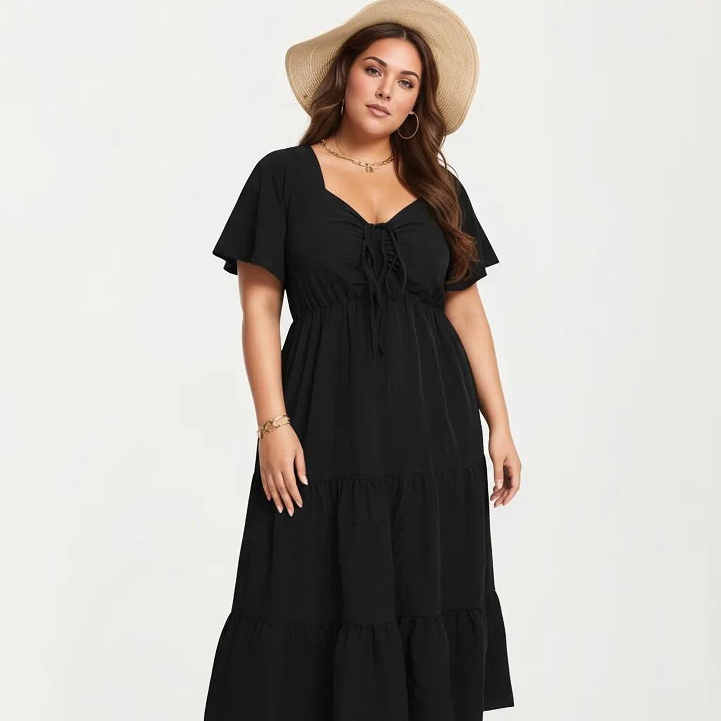 Plus Size Short Sleeve V Neck Dress with Front Tie Detail Elastic Waist Tiered Maxi Skirt
