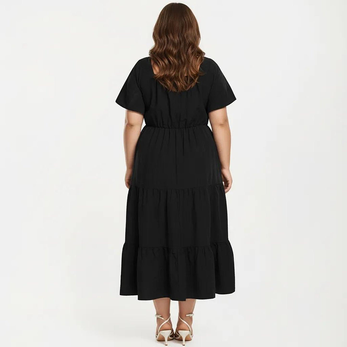 Plus Size Short Sleeve V Neck Dress with Front Tie Detail Elastic Waist Tiered Maxi Skirt