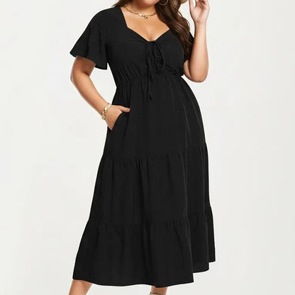 Plus Size Short Sleeve V Neck Dress with Front Tie Detail Elastic Waist Tiered Maxi Skirt