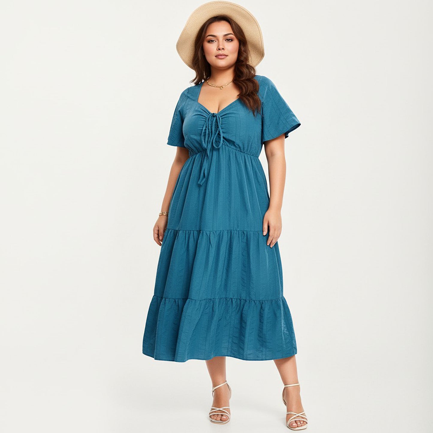 Plus Size Short Sleeve V Neck Dress with Front Tie Detail Elastic Waist Tiered Maxi Skirt