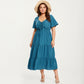 Plus Size Short Sleeve V Neck Dress with Front Tie Detail Elastic Waist Tiered Maxi Skirt