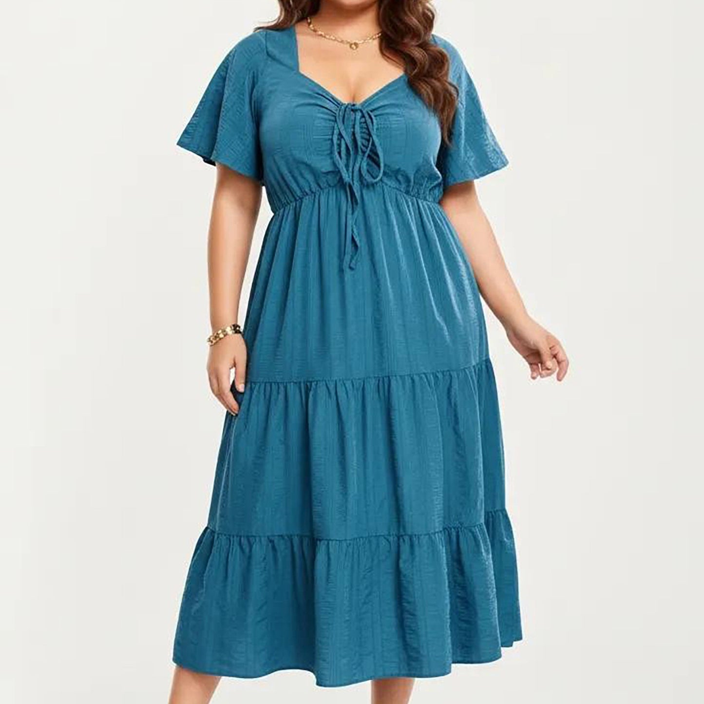 Plus Size Short Sleeve V Neck Dress with Front Tie Detail Elastic Waist Tiered Maxi Skirt