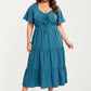 Plus Size Short Sleeve V Neck Dress with Front Tie Detail Elastic Waist Tiered Maxi Skirt