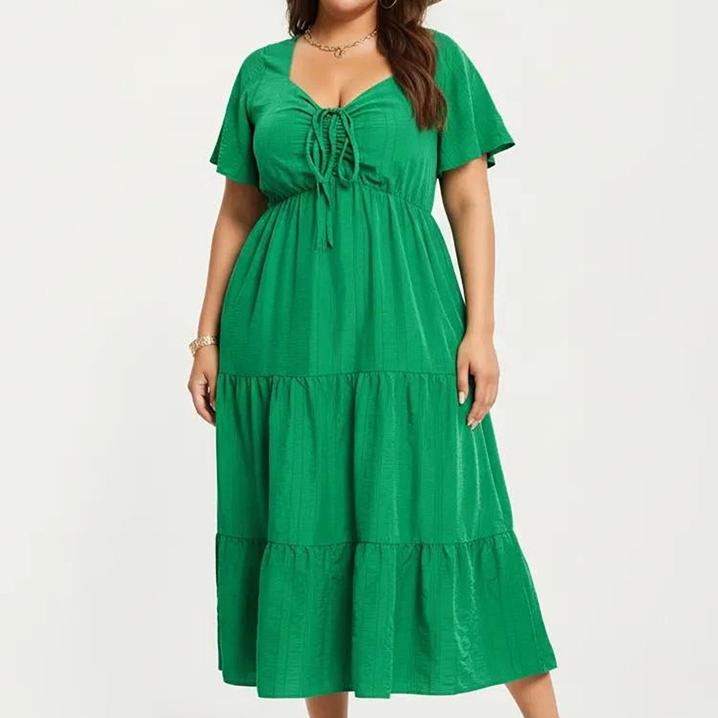 Plus Size Short Sleeve V Neck Dress with Front Tie Detail Elastic Waist Tiered Maxi Skirt