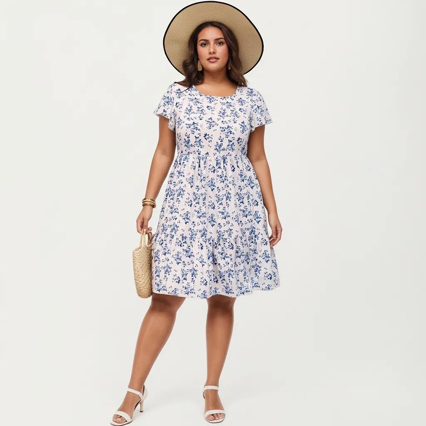Plus Size Short Sleeve Round Neck Floral Print Dress with Tiered Skirt Flowy Silhouette