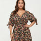 Plus Size Short Sleeve V Neck Floral Wrap Dress with Adjustable Waist Tie Midi Length