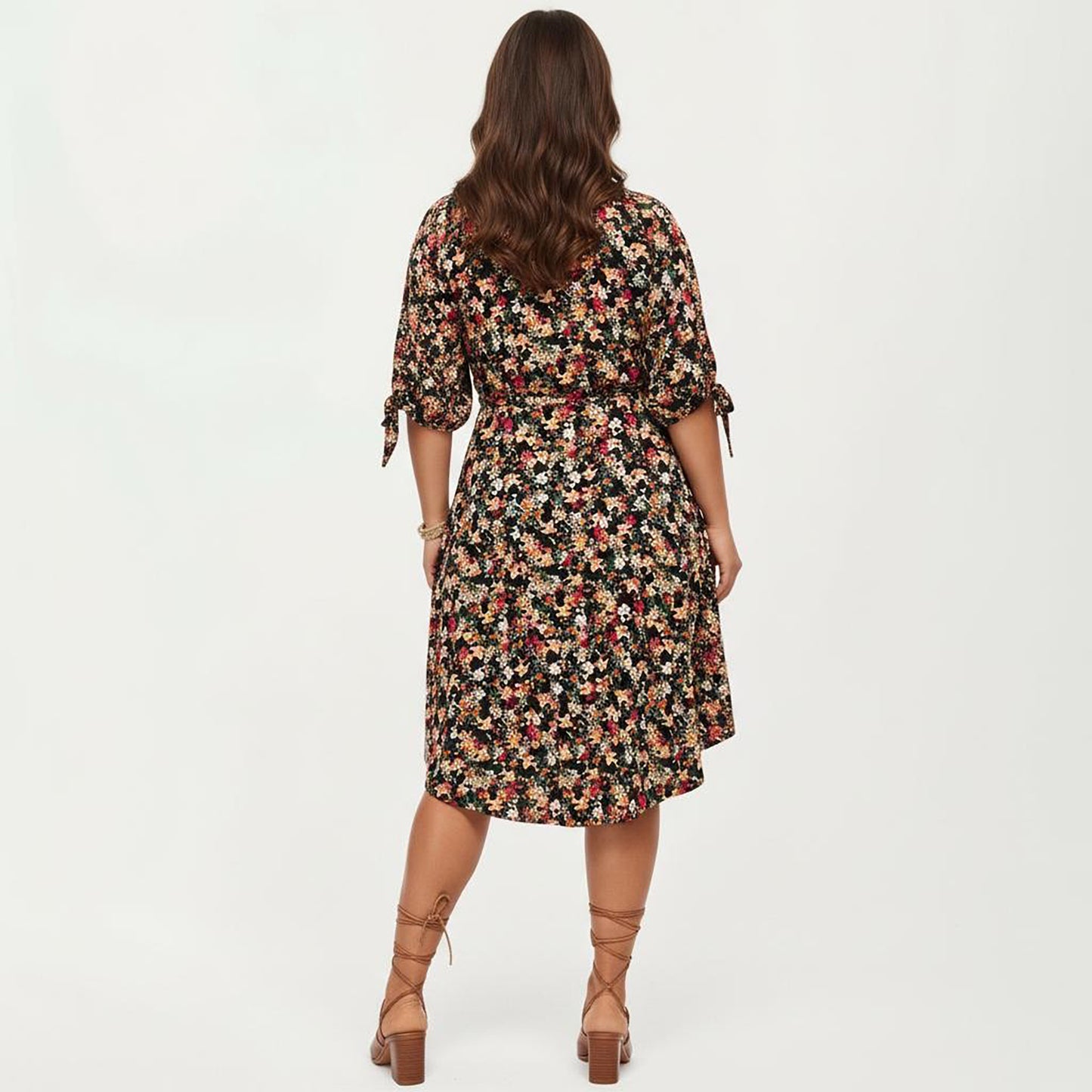 Plus Size Short Sleeve V Neck Floral Wrap Dress with Adjustable Waist Tie Midi Length