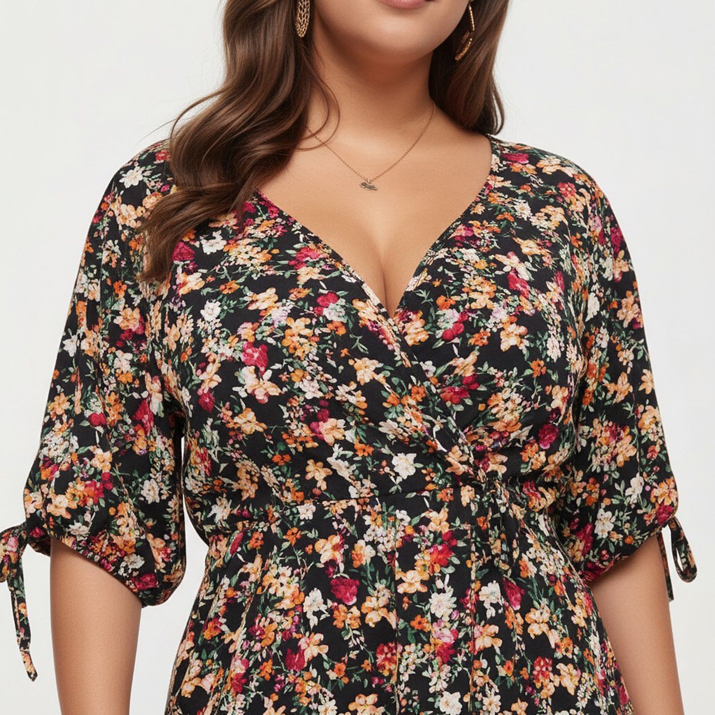 Plus Size Short Sleeve V Neck Floral Wrap Dress with Adjustable Waist Tie Midi Length