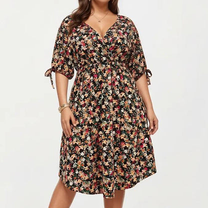 Plus Size Short Sleeve V Neck Floral Wrap Dress with Adjustable Waist Tie Midi Length