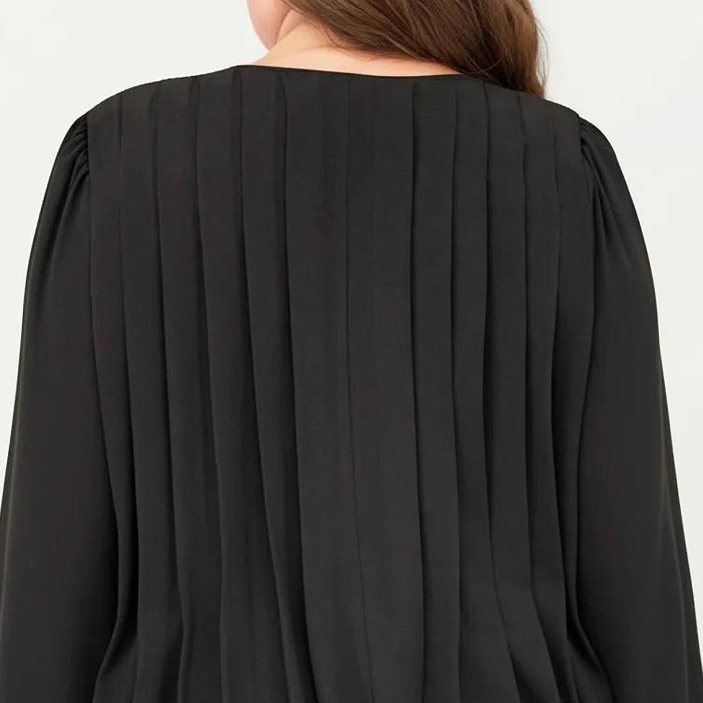 Plus Size Long Sleeve Tie Neck Dress with Pleated Front Detail Loose Fit A Line Mini Dress
