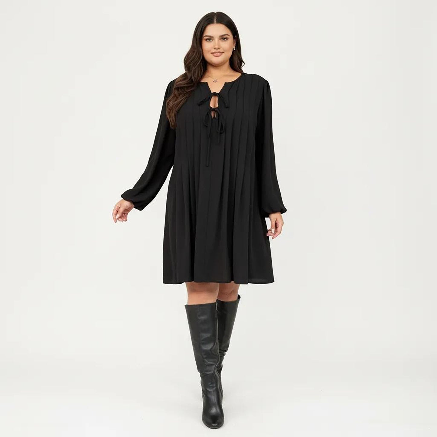 Plus Size Long Sleeve Tie Neck Dress with Pleated Front Detail Loose Fit A Line Mini Dress