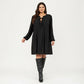 Plus Size Long Sleeve Tie Neck Dress with Pleated Front Detail Loose Fit A Line Mini Dress