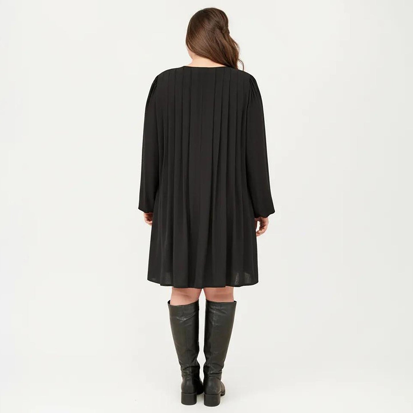 Plus Size Long Sleeve Tie Neck Dress with Pleated Front Detail Loose Fit A Line Mini Dress
