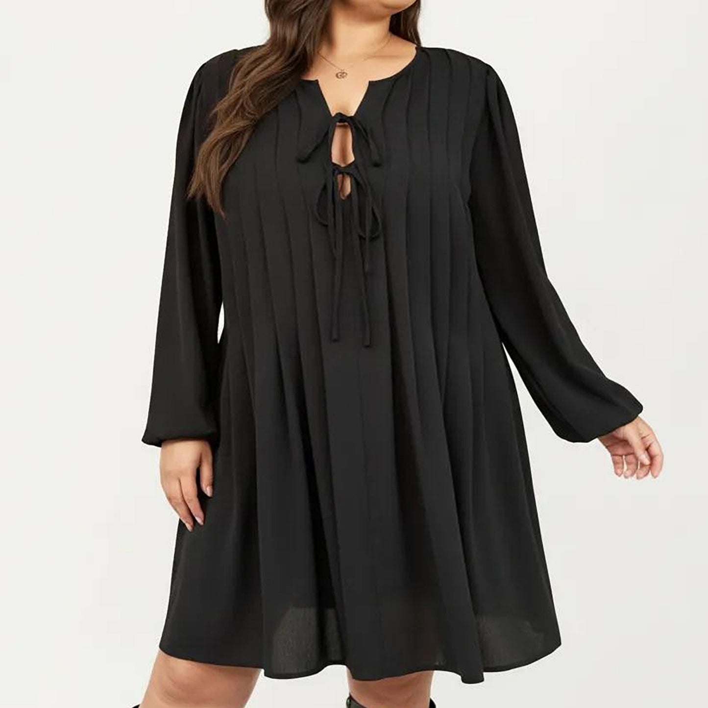 Plus Size Long Sleeve Tie Neck Dress with Pleated Front Detail Loose Fit A Line Mini Dress