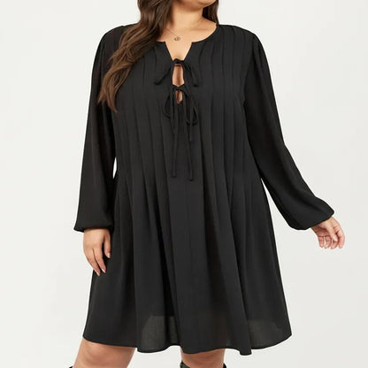 Plus Size Long Sleeve Tie Neck Dress with Pleated Front Detail Loose Fit A Line Mini Dress