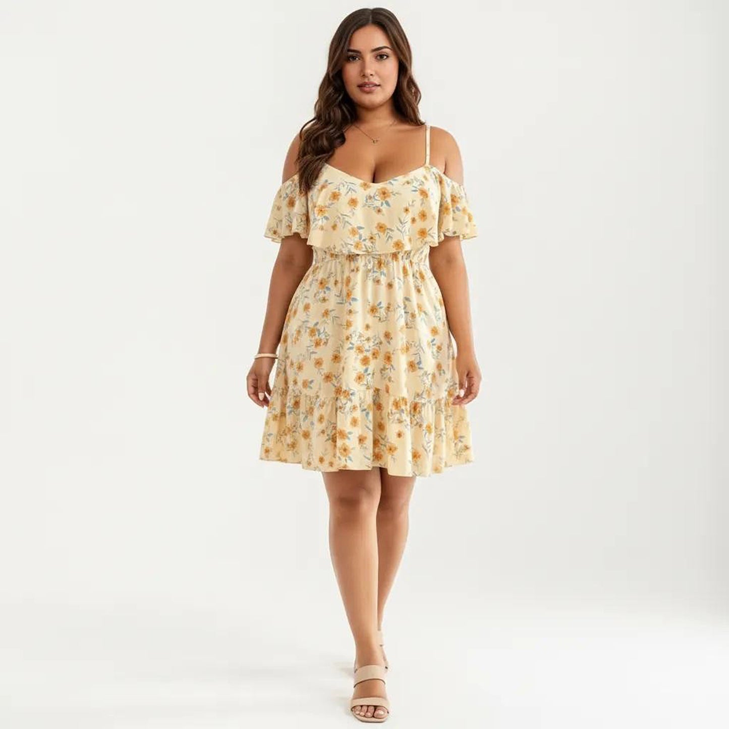 Plus Size Cold Shoulder Floral Dress with Ruffle Overlay Elastic Waist Adjustable Straps