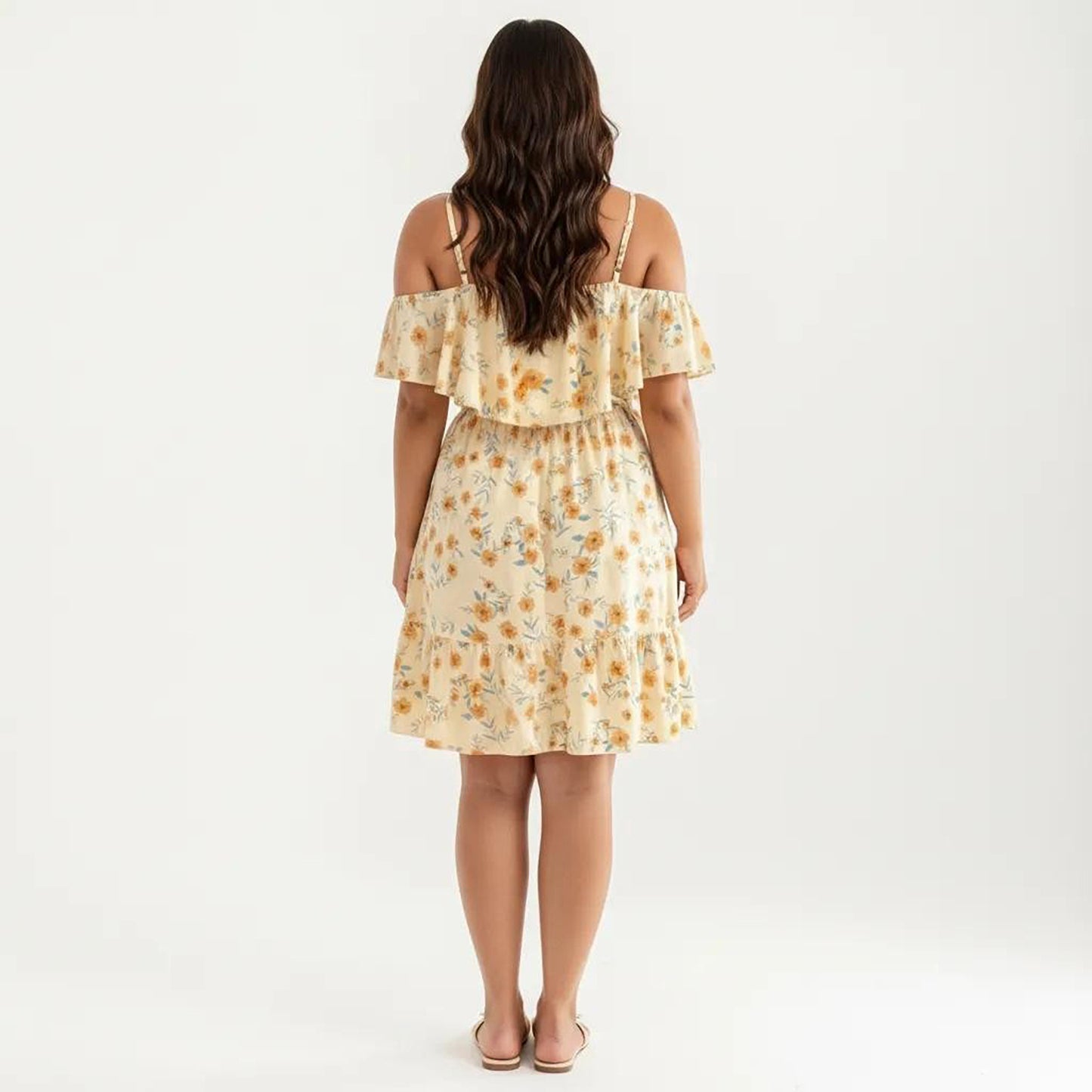 Plus Size Cold Shoulder Floral Dress with Ruffle Overlay Elastic Waist Adjustable Straps