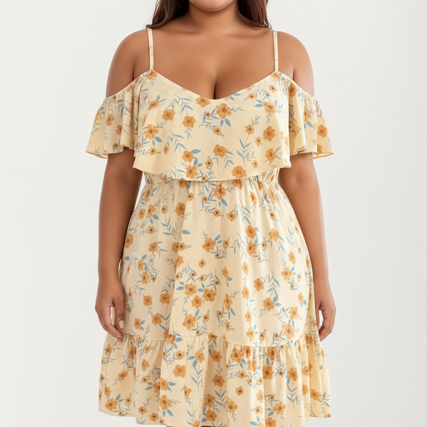 Plus Size Cold Shoulder Floral Dress with Ruffle Overlay Elastic Waist Adjustable Straps
