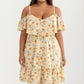 Plus Size Cold Shoulder Floral Dress with Ruffle Overlay Elastic Waist Adjustable Straps