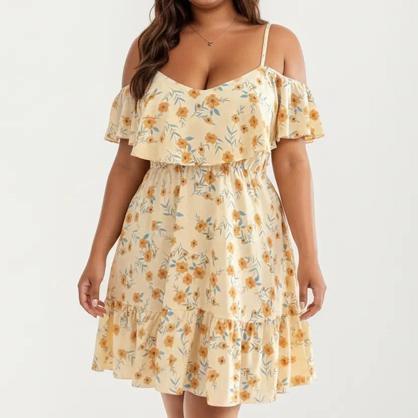 Plus Size Cold Shoulder Floral Dress with Ruffle Overlay Elastic Waist Adjustable Straps