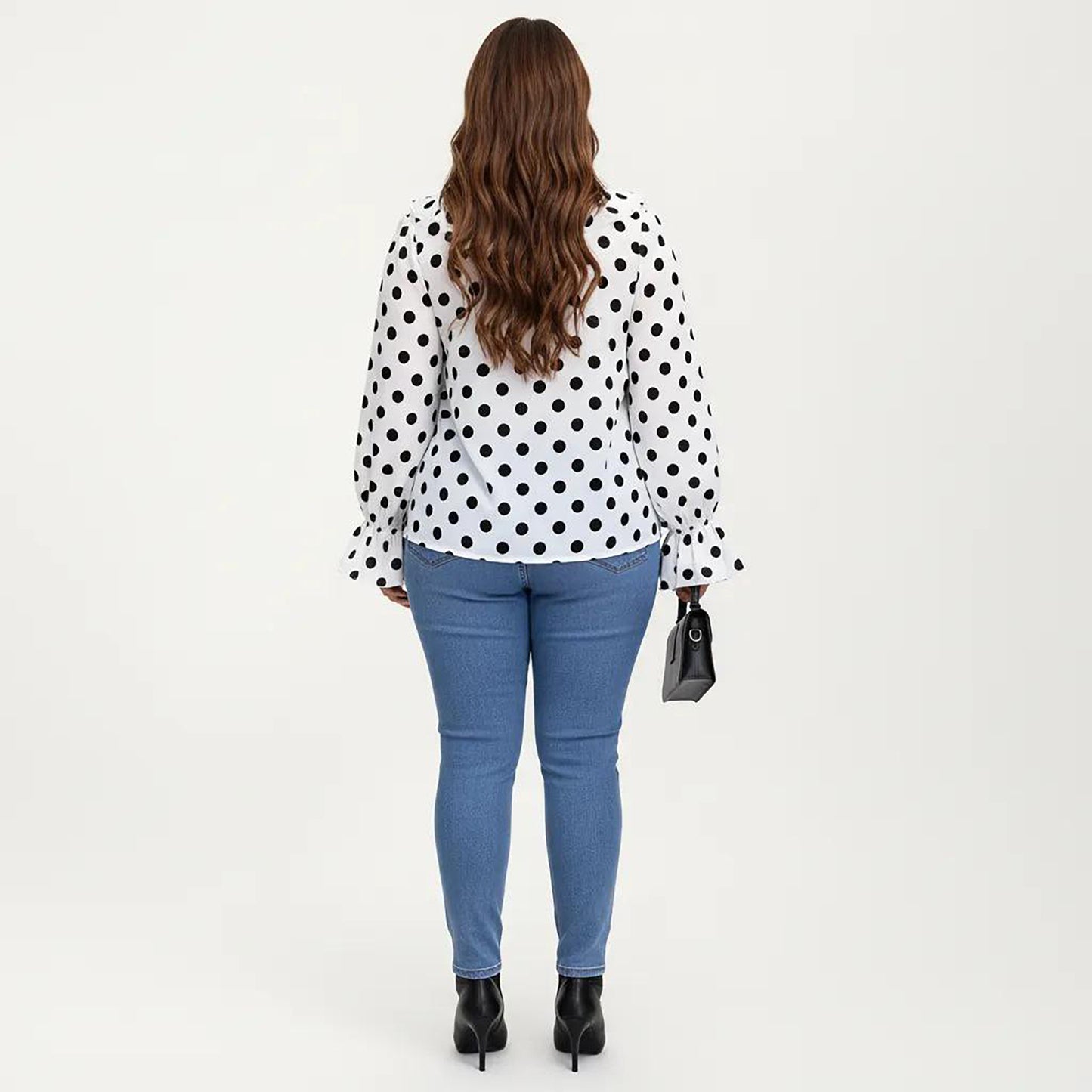 Plus Size Long Sleeve Polka Dot Blouse with Ruffle Front Detail V Neck Lightweight Top