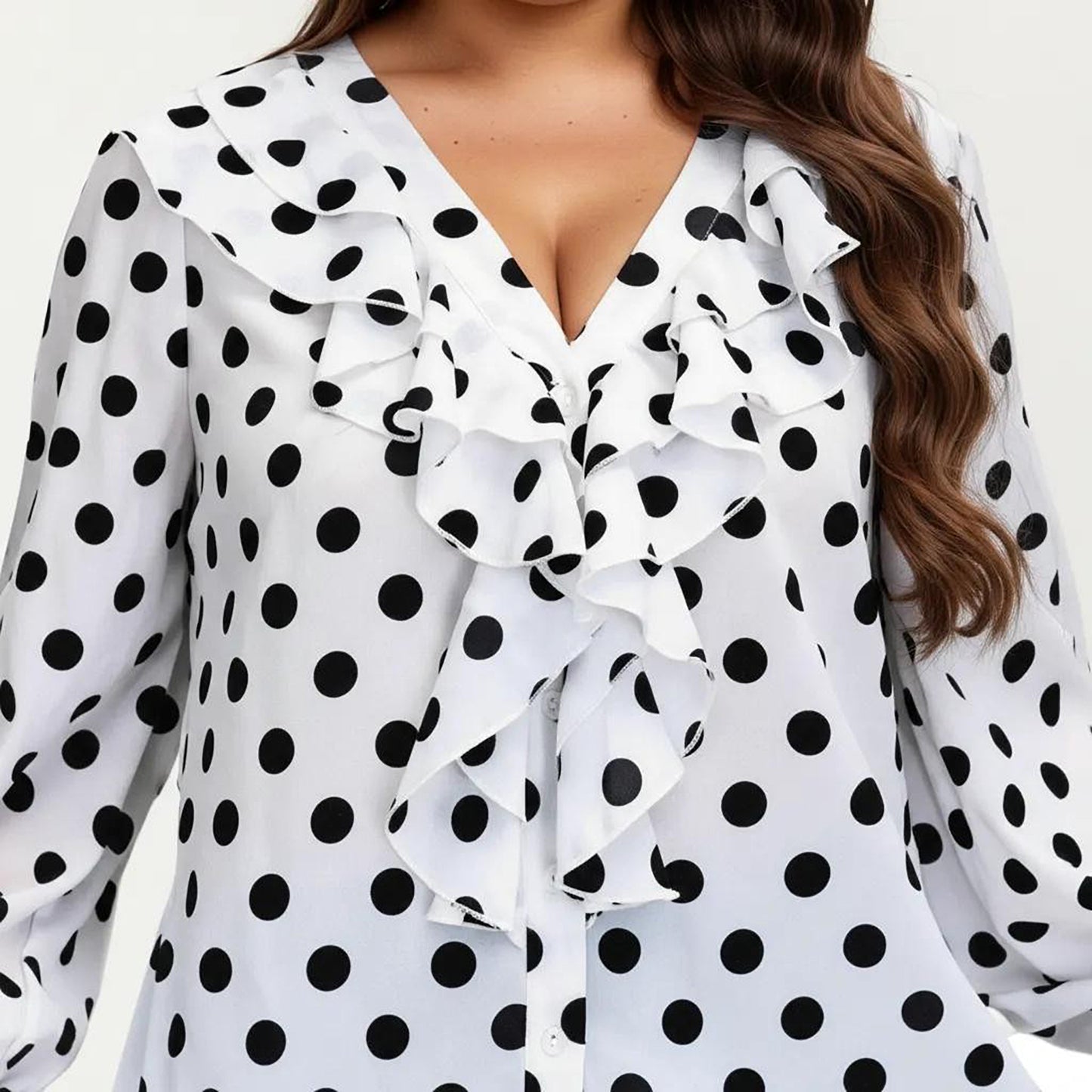 Plus Size Long Sleeve Polka Dot Blouse with Ruffle Front Detail V Neck Lightweight Top