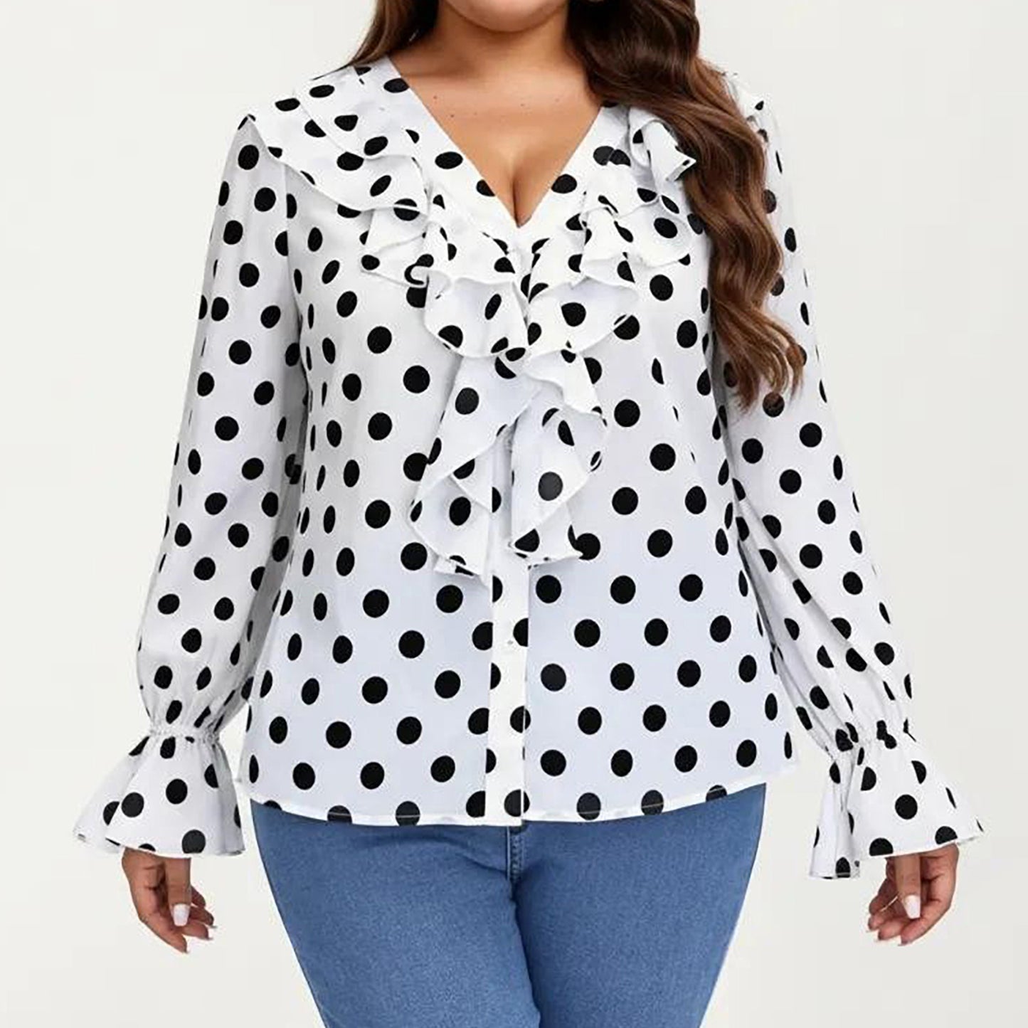 Plus Size Long Sleeve Polka Dot Blouse with Ruffle Front Detail V Neck Lightweight Top