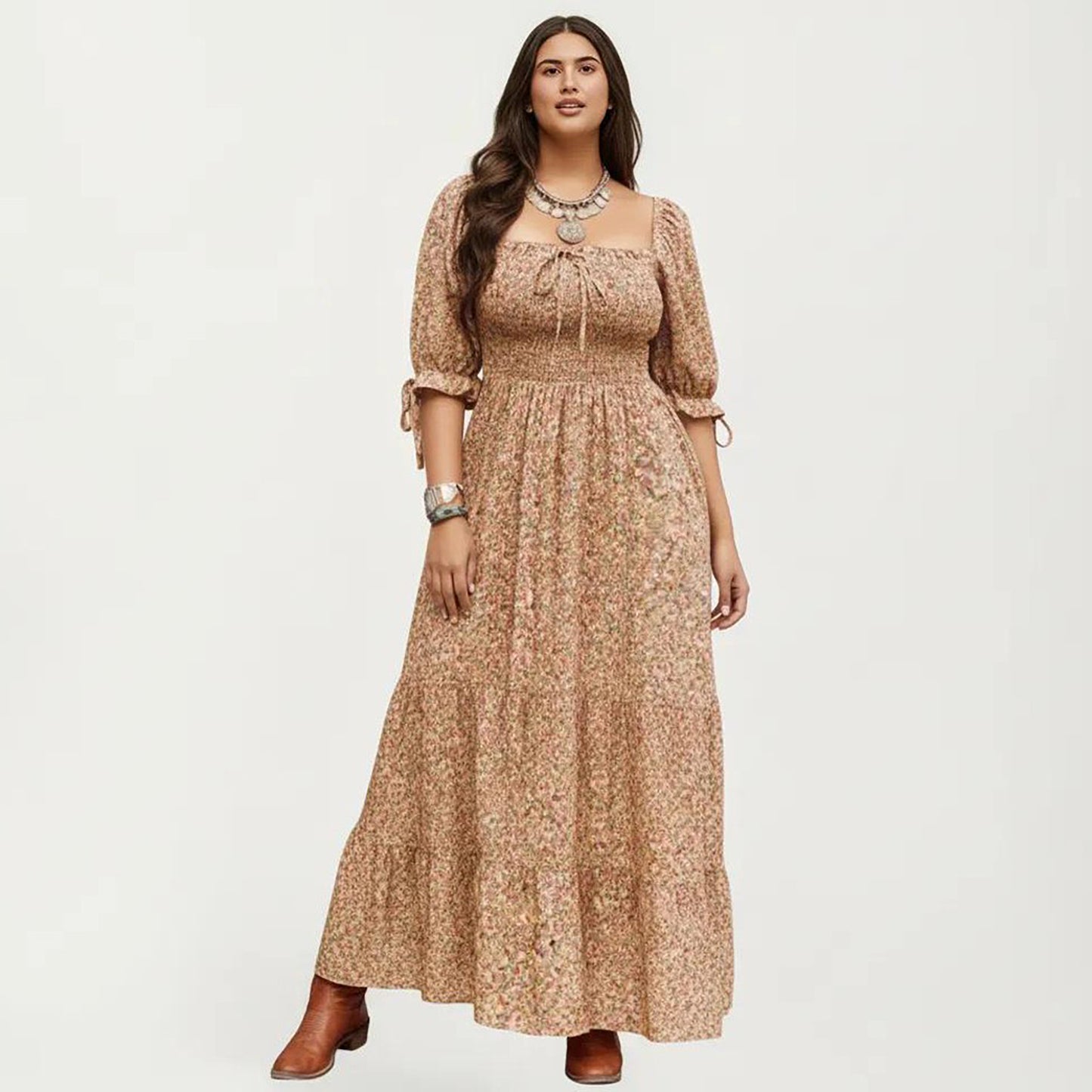 Plus Size Square Neck Floral Maxi Dress with Smocked Bodice Puff Sleeve Tie Detail Skirt