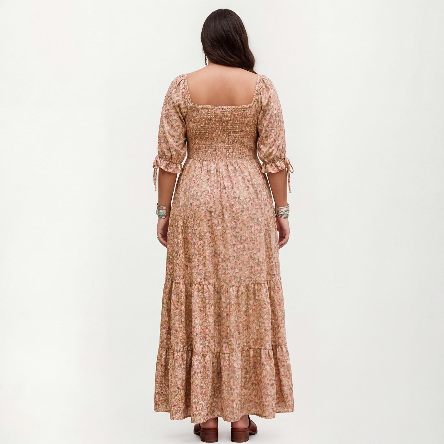 Plus Size Square Neck Floral Maxi Dress with Smocked Bodice Puff Sleeve Tie Detail Skirt