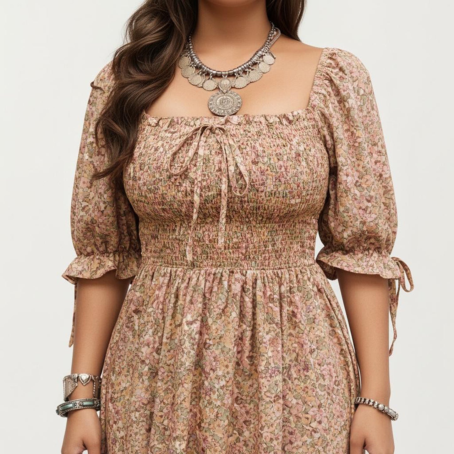 Plus Size Square Neck Floral Maxi Dress with Smocked Bodice Puff Sleeve Tie Detail Skirt