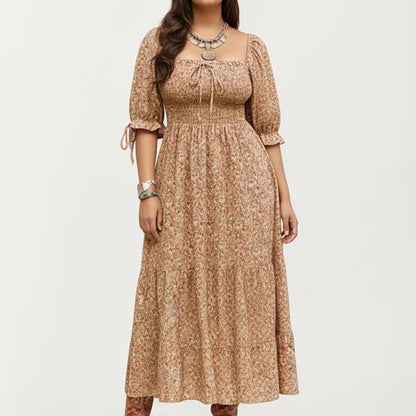Plus Size Square Neck Floral Maxi Dress with Smocked Bodice Puff Sleeve Tie Detail Skirt