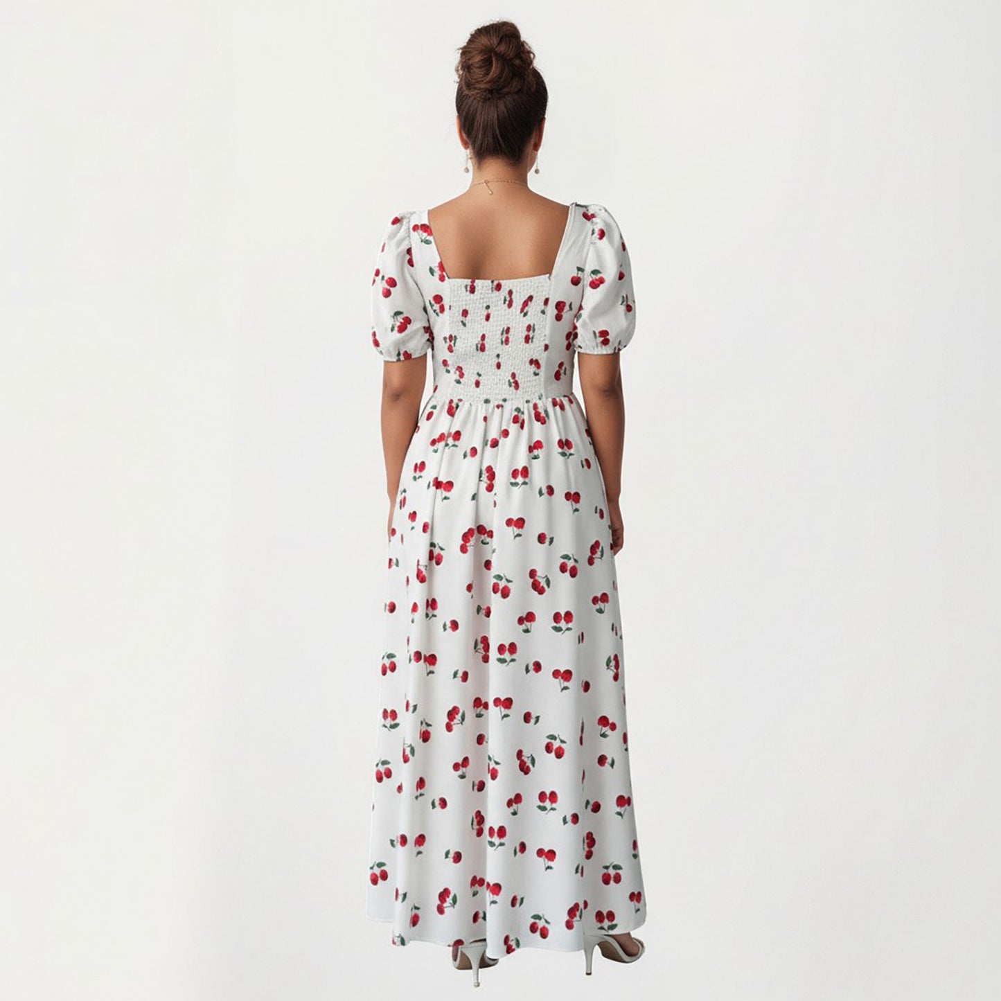 Plus Size Cherry Print Square Neck Maxi Dress with Puff Sleeves Flowy Skirt Side Slit Detail