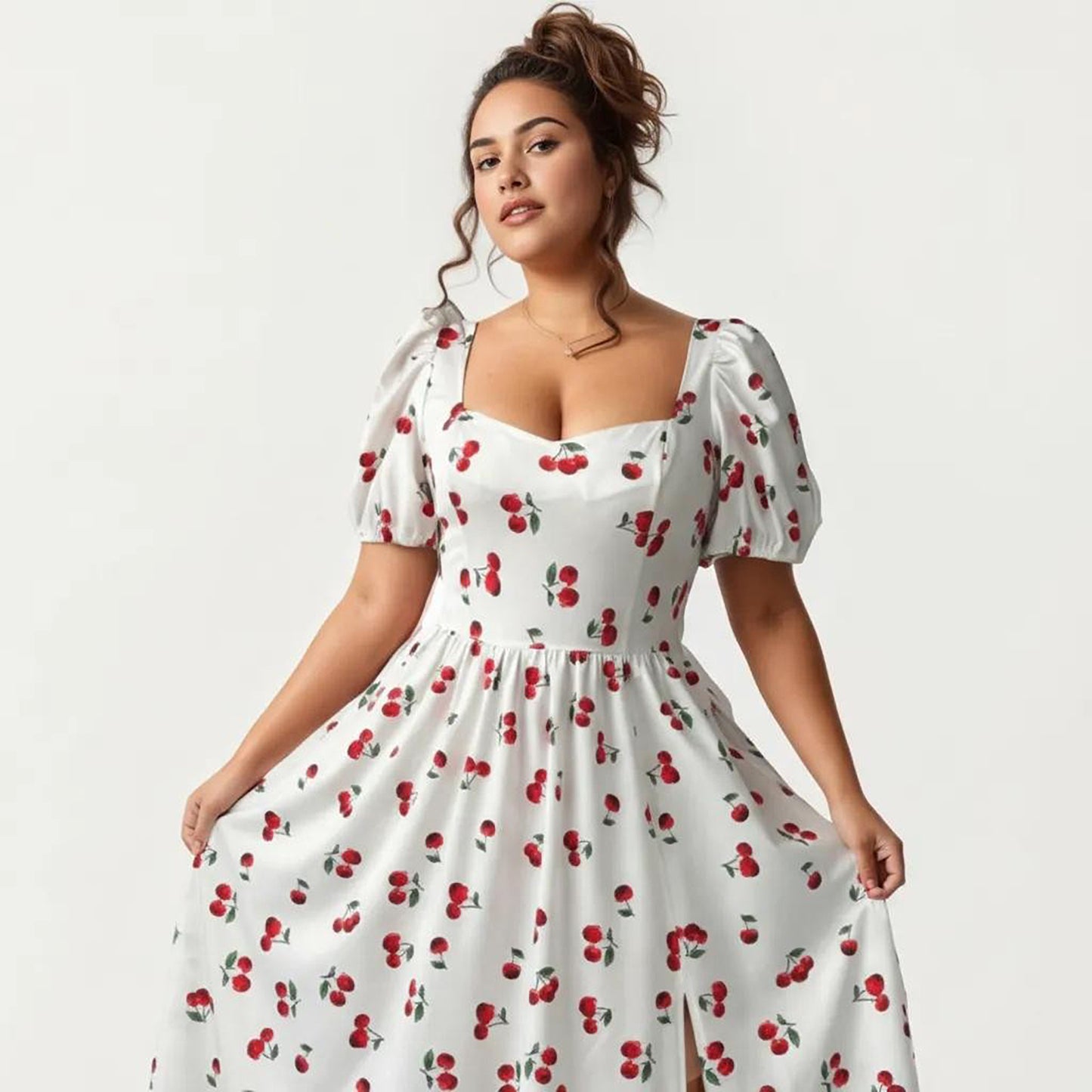 Plus Size Cherry Print Square Neck Maxi Dress with Puff Sleeves Flowy Skirt Side Slit Detail