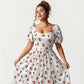 Plus Size Cherry Print Square Neck Maxi Dress with Puff Sleeves Flowy Skirt Side Slit Detail