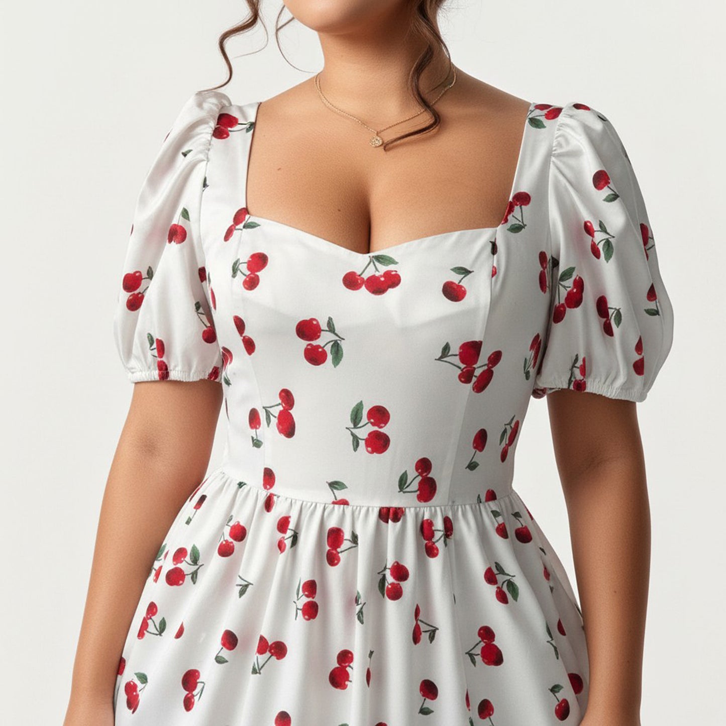 Plus Size Cherry Print Square Neck Maxi Dress with Puff Sleeves Flowy Skirt Side Slit Detail