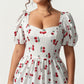 Plus Size Cherry Print Square Neck Maxi Dress with Puff Sleeves Flowy Skirt Side Slit Detail