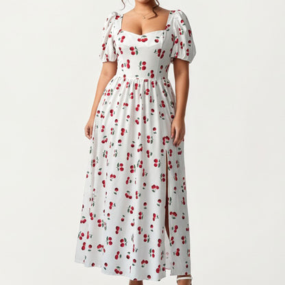 Plus Size Cherry Print Square Neck Maxi Dress with Puff Sleeves Flowy Skirt Side Slit Detail