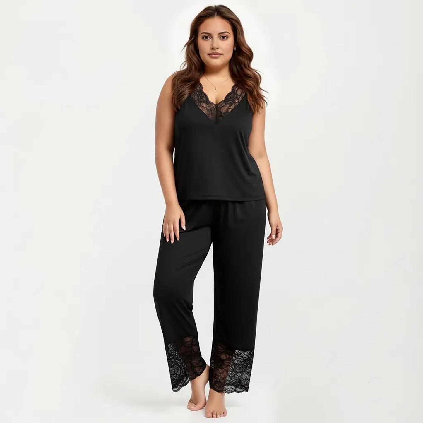 Plus Size 2-Piece Set Lace Trim Camisole Top and Pants Matching Lounge Set Sleeveless V Neck