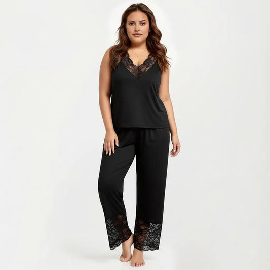 Plus Size 2-Piece Set Lace Trim Camisole Top and Pants Matching Lounge Set Sleeveless V Neck