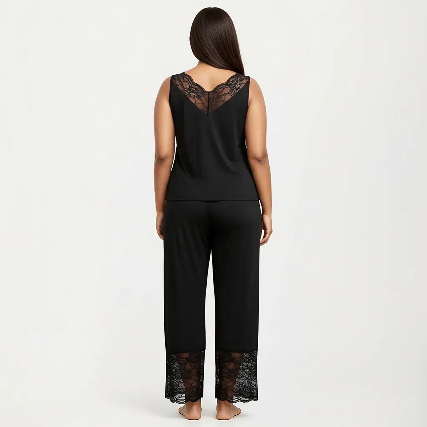 Plus Size 2-Piece Set Lace Trim Camisole Top and Pants Matching Lounge Set Sleeveless V Neck