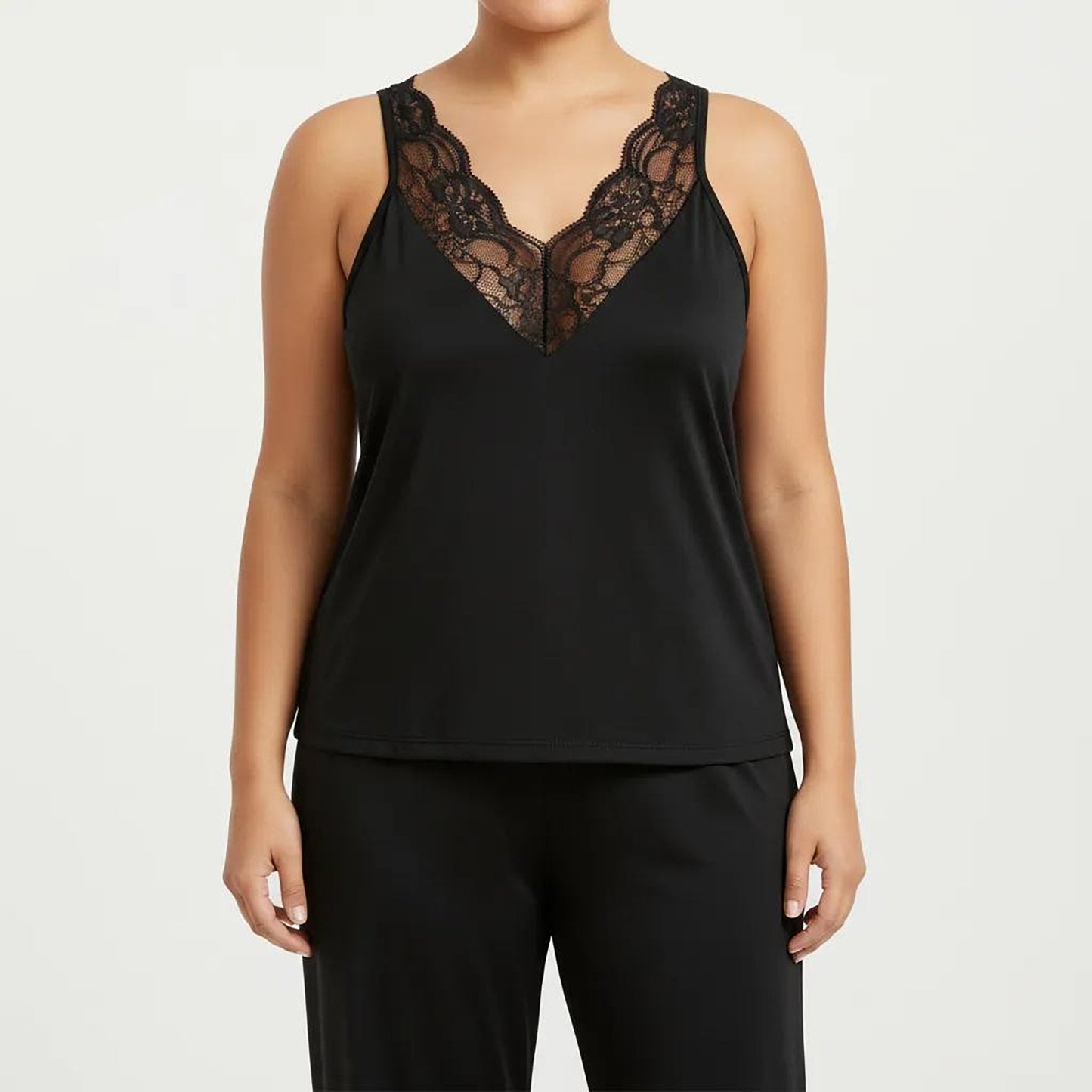 Plus Size 2-Piece Set Lace Trim Camisole Top and Pants Matching Lounge Set Sleeveless V Neck