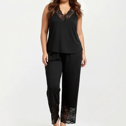 Plus Size 2-Piece Set Lace Trim Camisole Top and Pants Matching Lounge Set Sleeveless V Neck