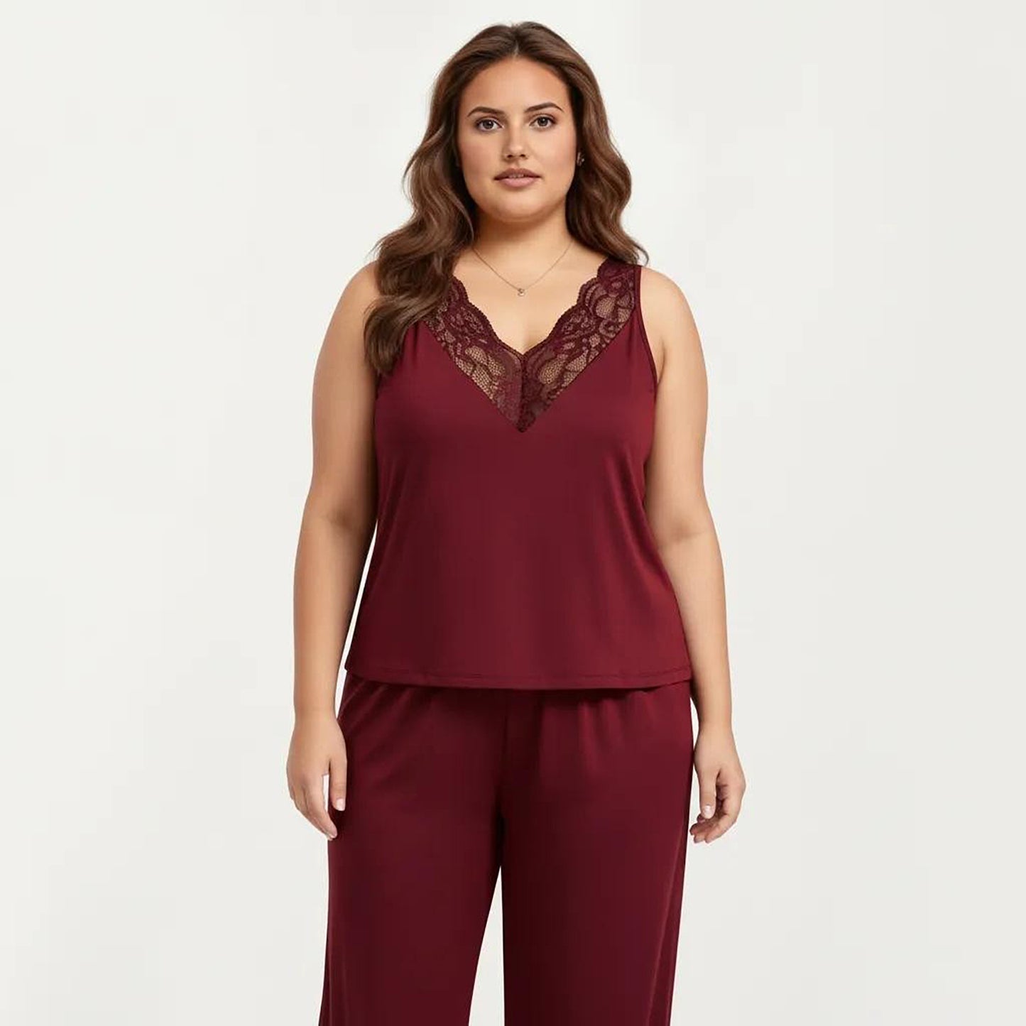 Plus Size 2-Piece Set Lace Trim Camisole Top and Pants Matching Lounge Set Sleeveless V Neck